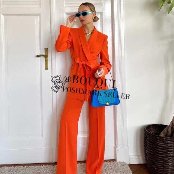 BLOGGERS FAV ZARA ORANGE BELTED TUXEDO COLLAR BLAZER - Picture 11 of 14